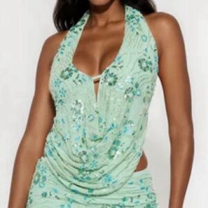 Mint Green Sequin Halter Dress